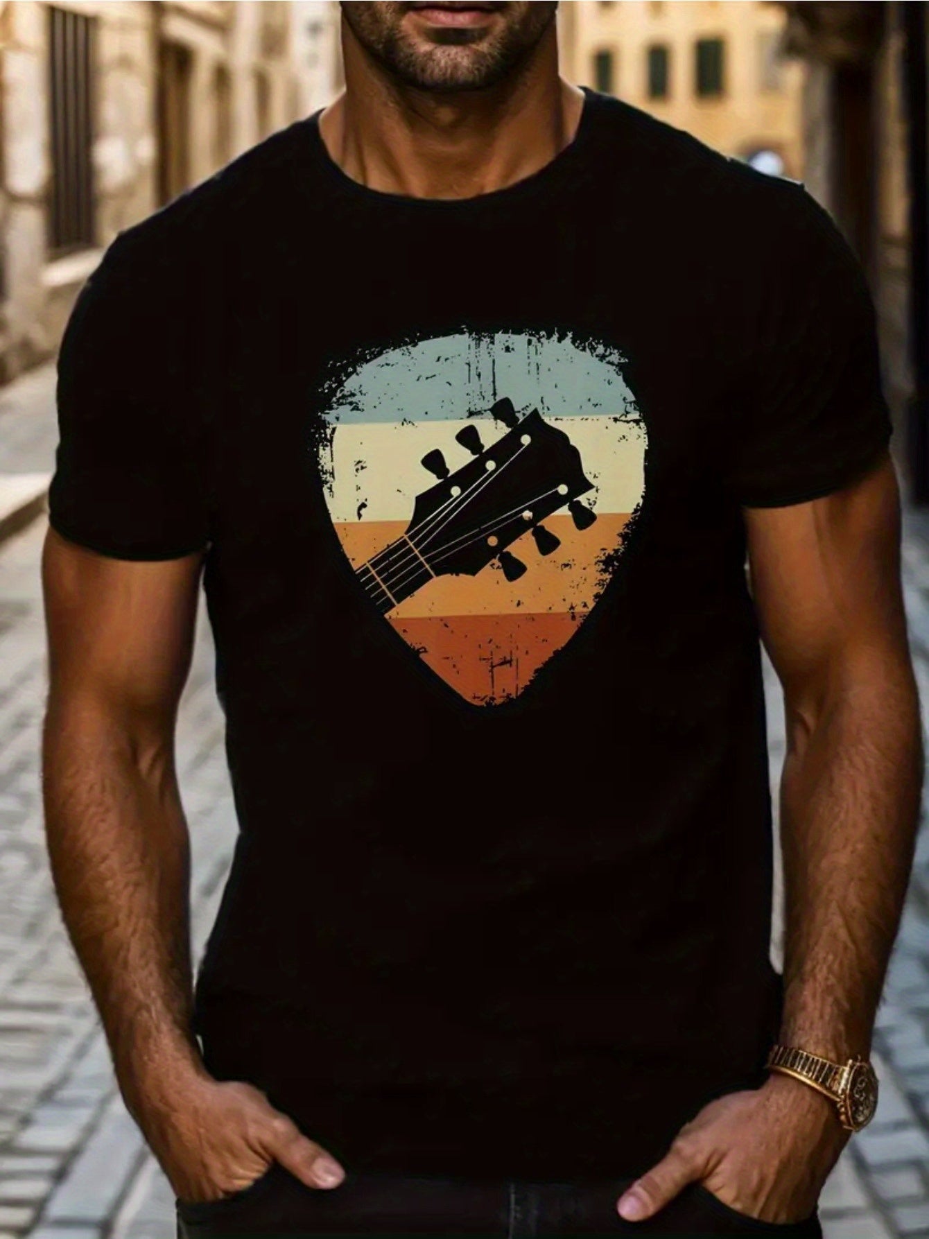 Guitar Pick, Printed Fashion T-shirt, Street Short Sleeved T-shirt, Comfortable Fit Round Neck T-shirt