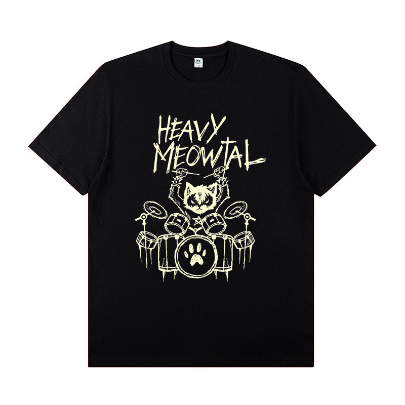 Black short-sleeved T-shirt with a graphic of a cat playing a drum set and the text 'HEAVY MEOWTAL'.
