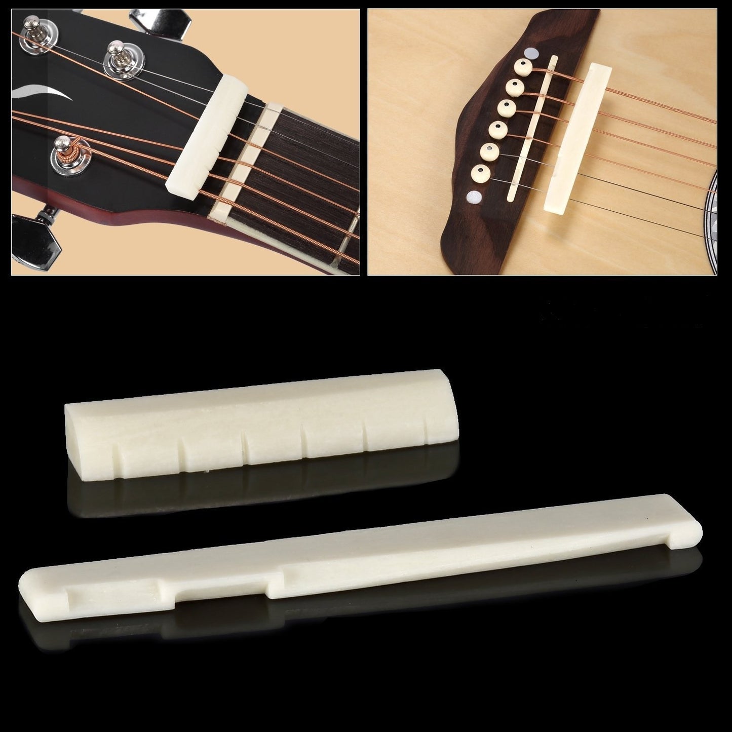 Guitar neck and fretboard components on a black background