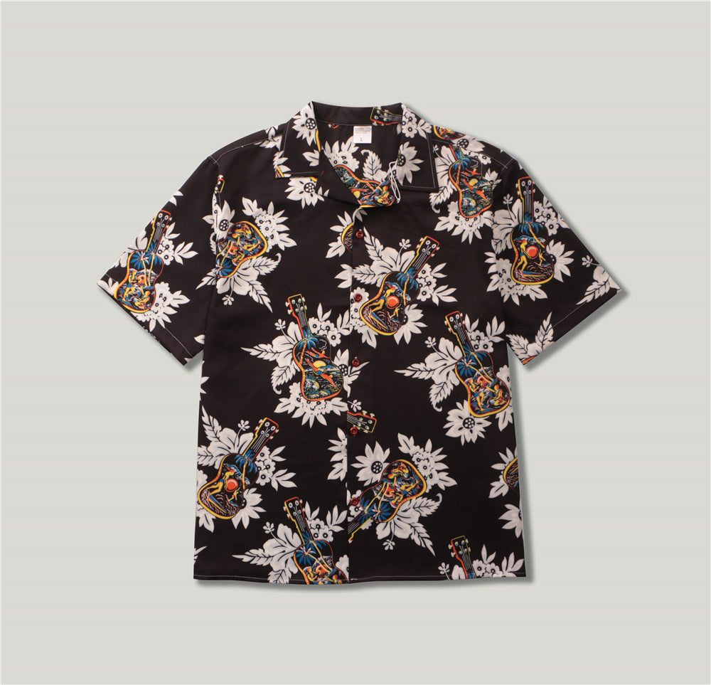 Guitar And Flower Digital Printed Casual Short Sleeved Shirt