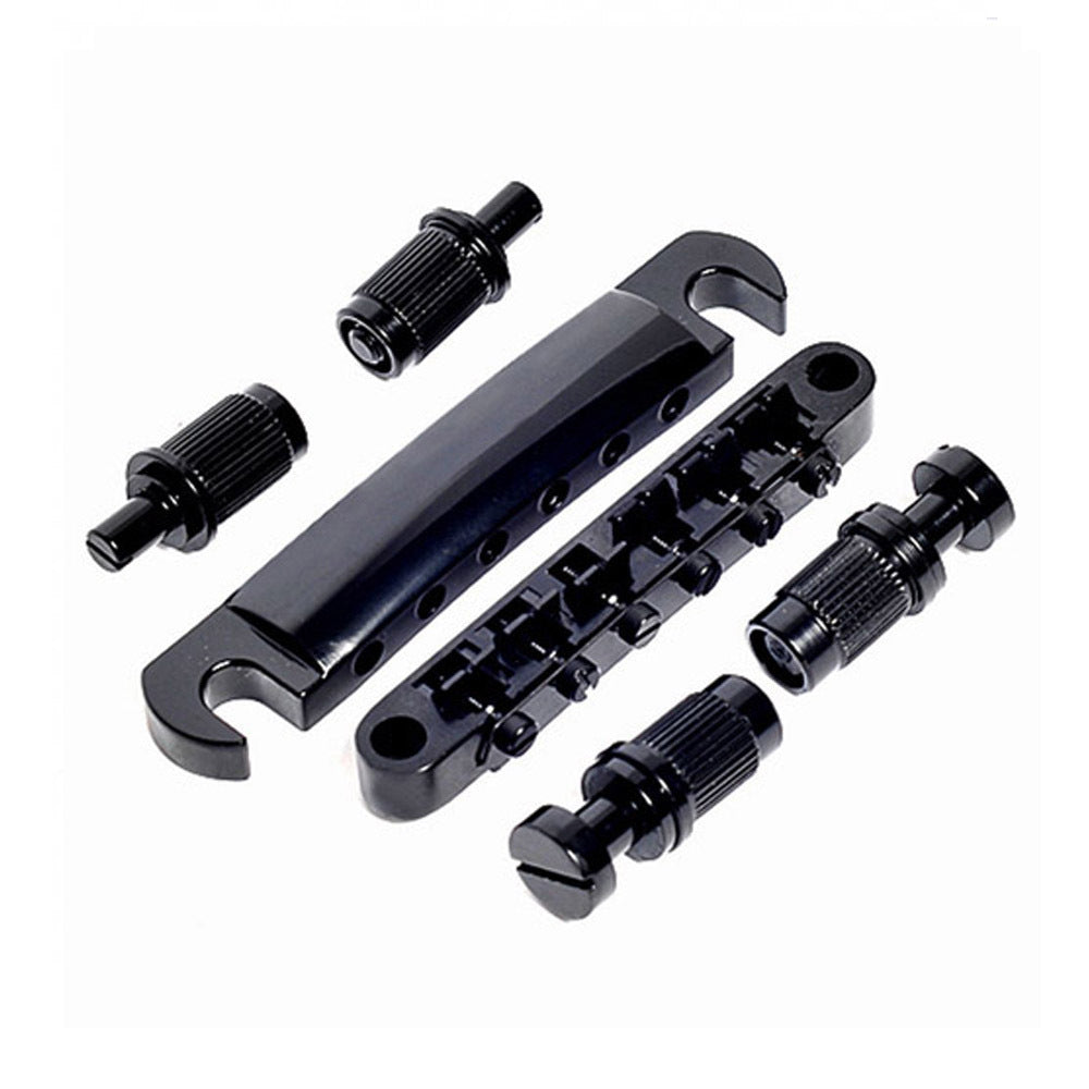 Set of black mechanical components of guitar on a white background