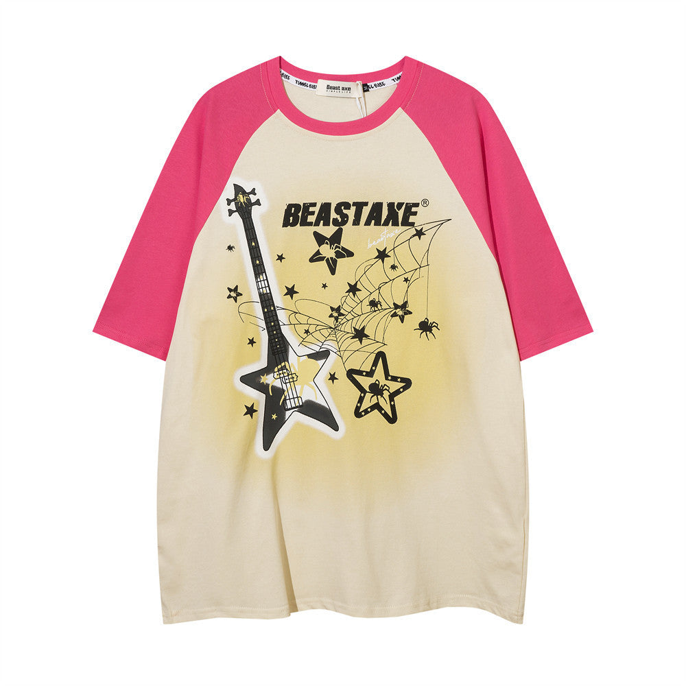Hip Hop Rock Guitar and Stars Printed Short Sleeve