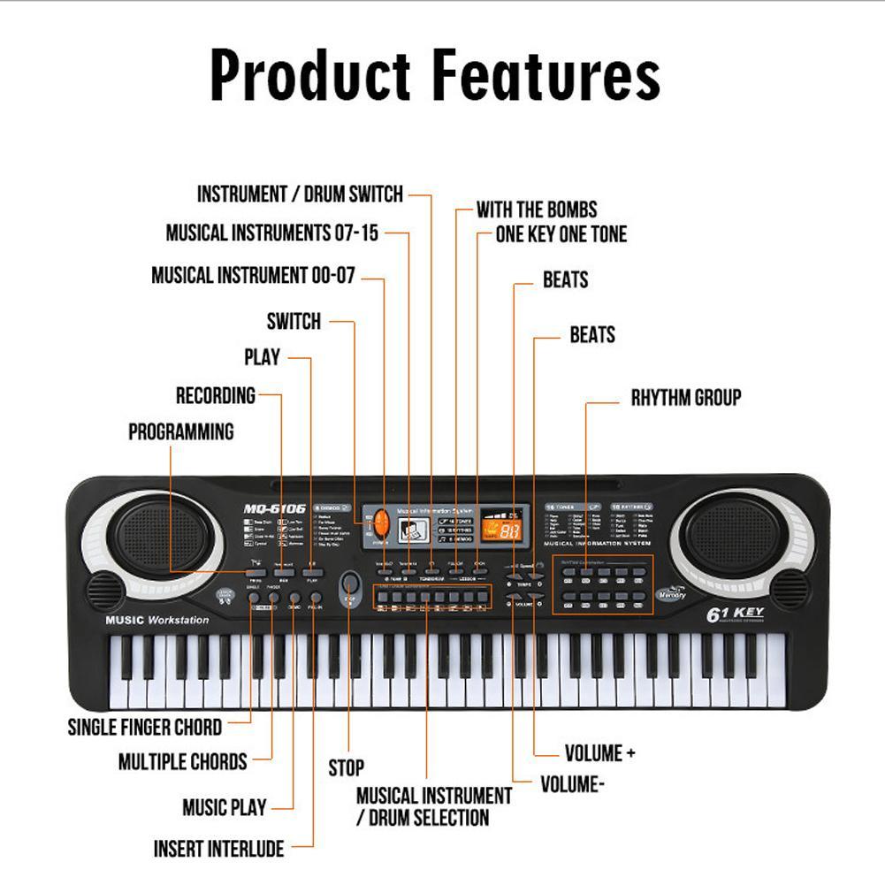 Children's electronic organ with microphone piano featuring various buttons, knobs, and a keyboard, designed for musical education and play.