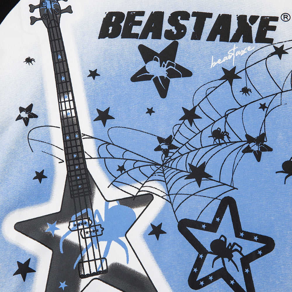 Hip Hop Rock Guitar and Stars Printed Short Sleeve