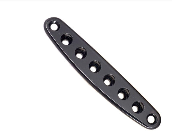 Black metal bracket with multiple holes on a white background