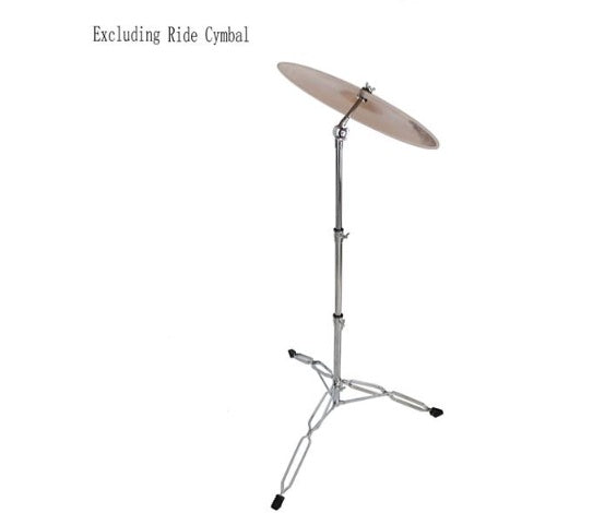 A vertical and diagonal rhythm cymbal stand on a white background, excluding the ride cymbal.
