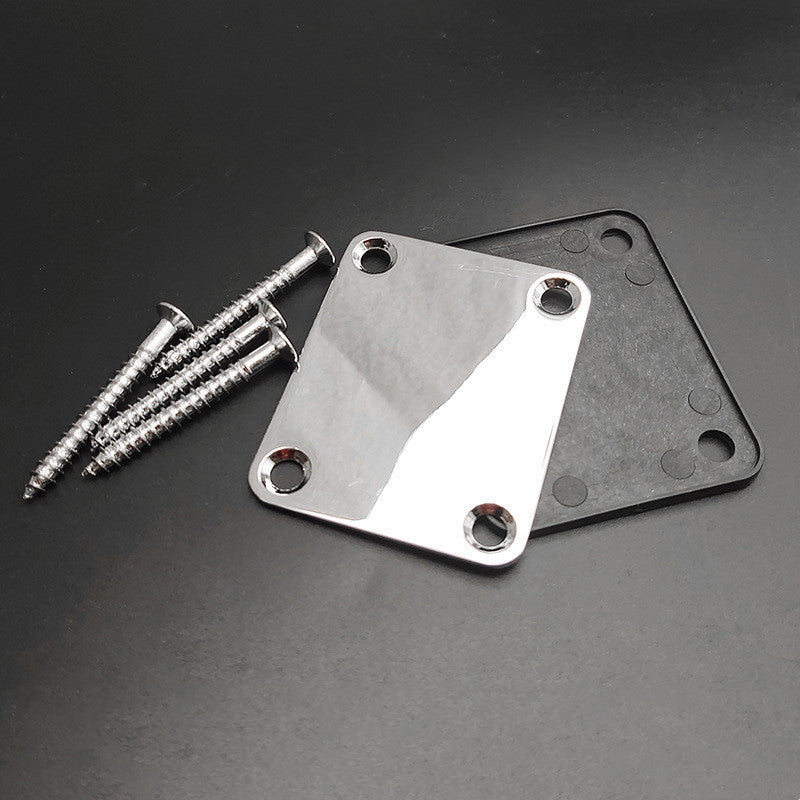 A stainless steel electric guitar neck body connection plate with screws, suitable for electric guitars and basses.