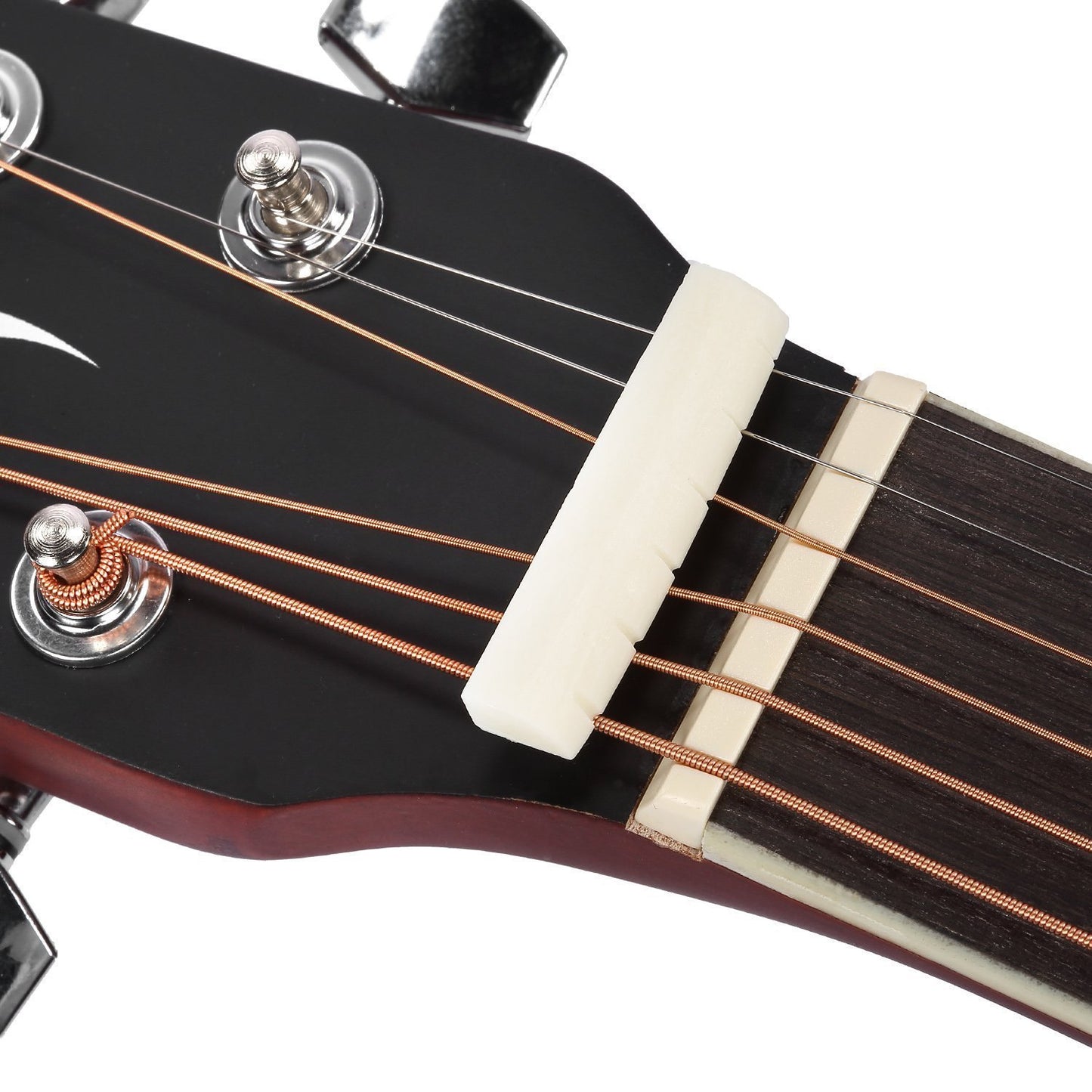 Close-up of a guitar's headstock and tuning pegs on a white background