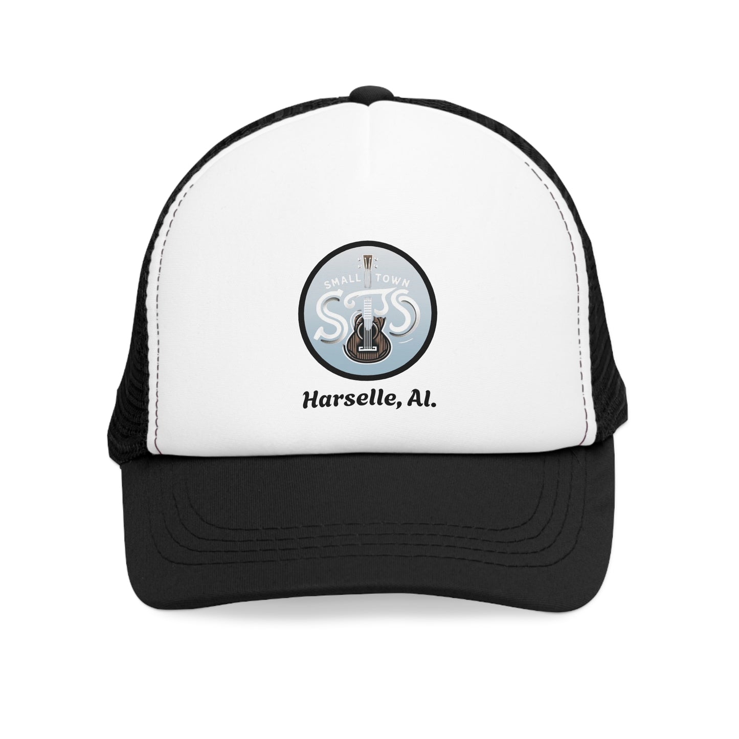 A black and white trucker cap with a mesh back and a logo on the front that includes text 'S-T-A-R-S' and 'Harselle, Al'.
