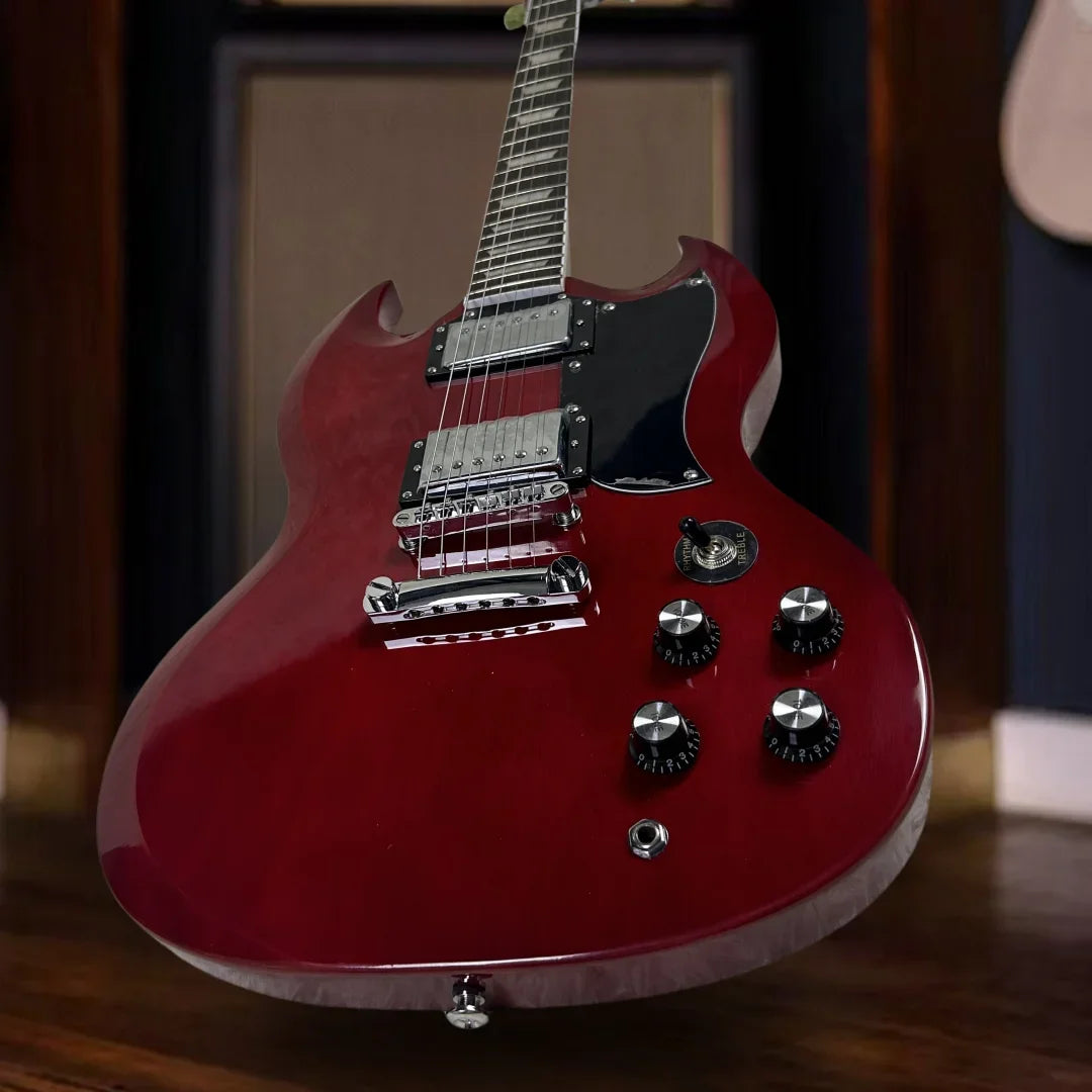 Electric Guitar Free Shipping 6 Strings Red SG Double-cutaway Design Lightweight Body Black Plate with Upgrade Accessories