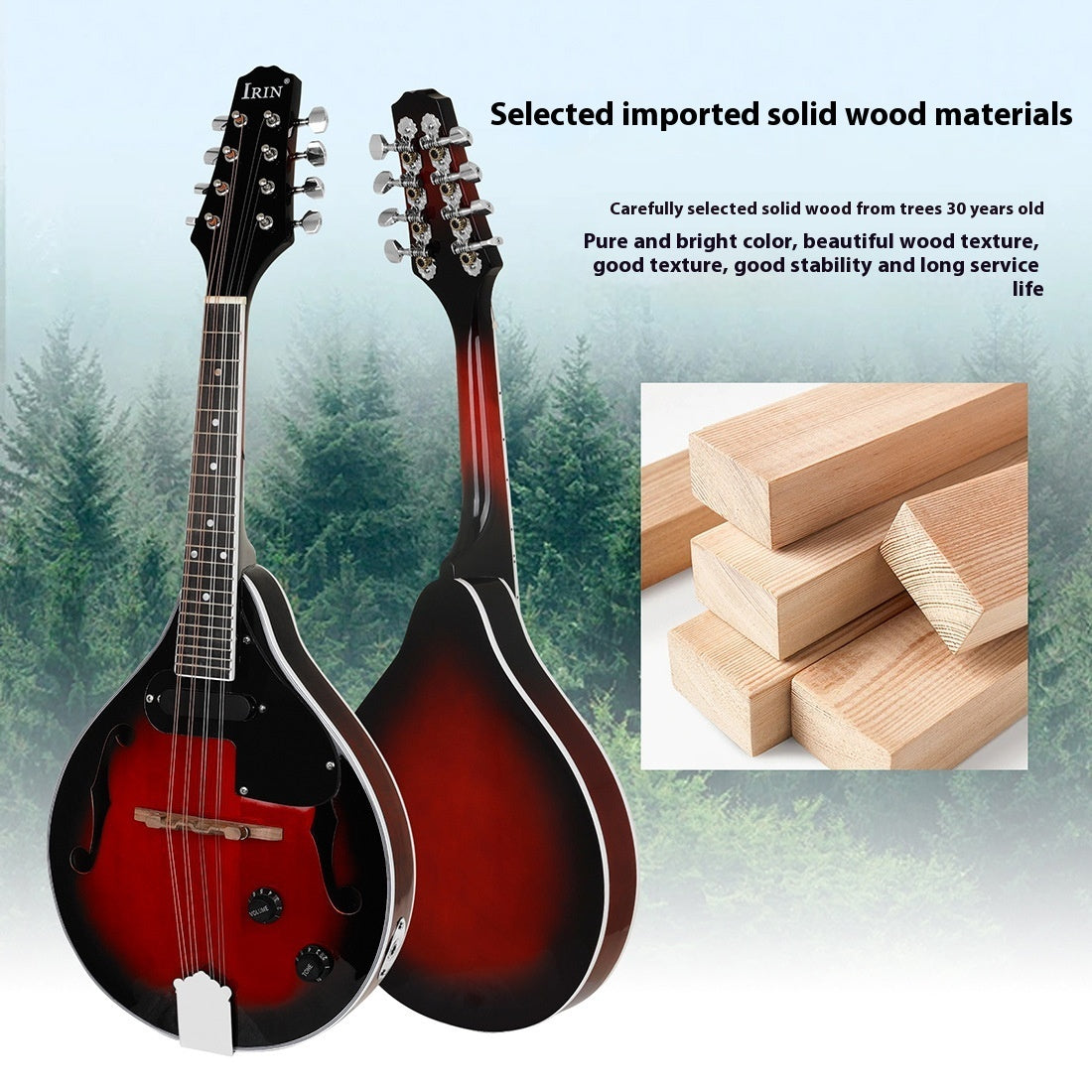 A red and black electric sound mandolin guitar with eight strings, displayed alongside its packaging which includes a bag, strings, cleaning cloths, and a connecting line.
