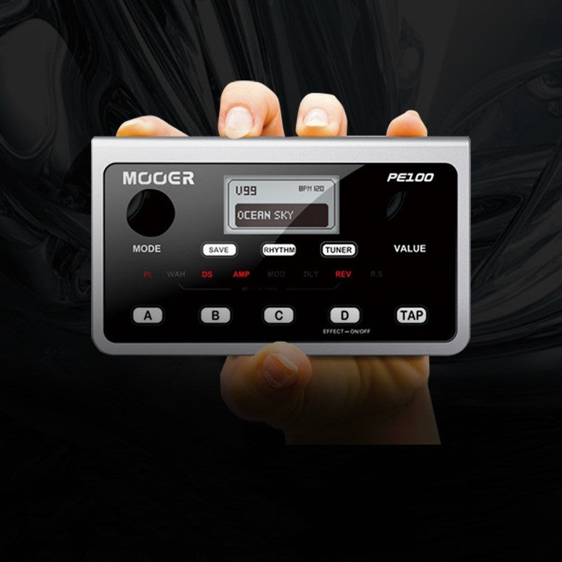 A handheld electronic guitar multi effects device with various control buttons and interfaces, predominantly black in color.