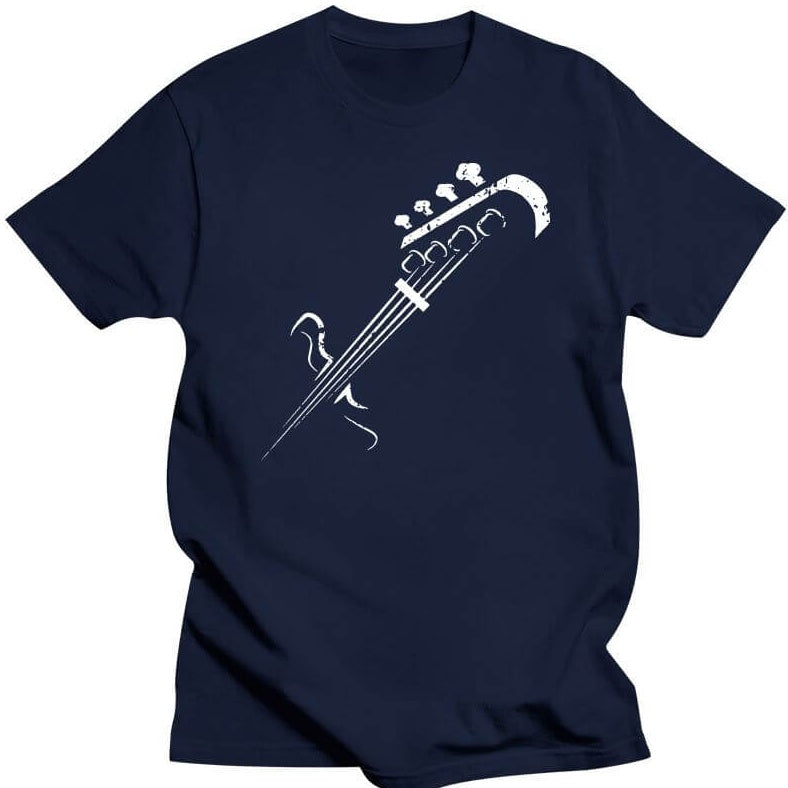 A navy blue T-shirt with a graphic print of a bass guitar on the front.