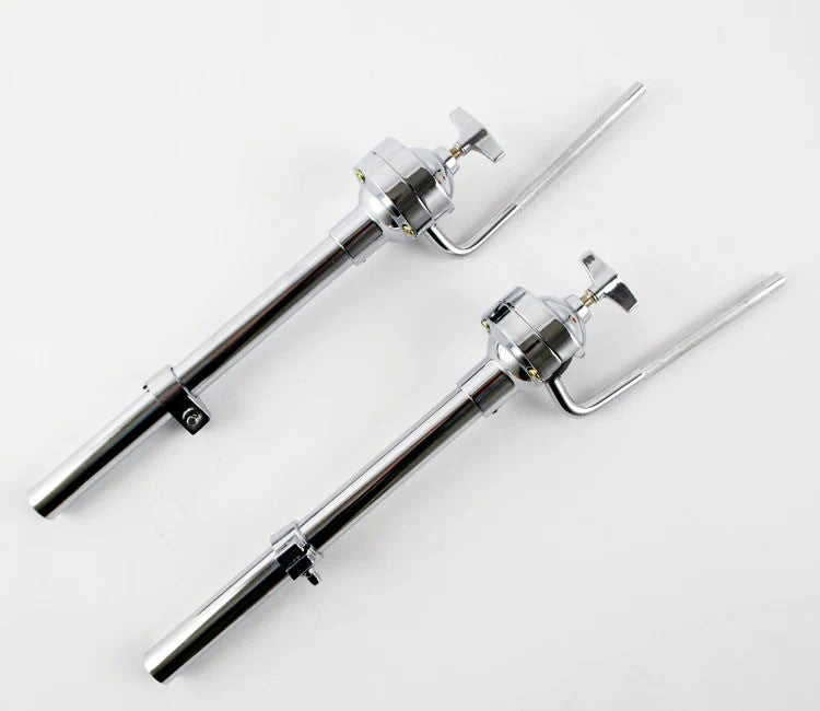 Two metal drum kit stands with water pipe suspension, isolated on a white background.