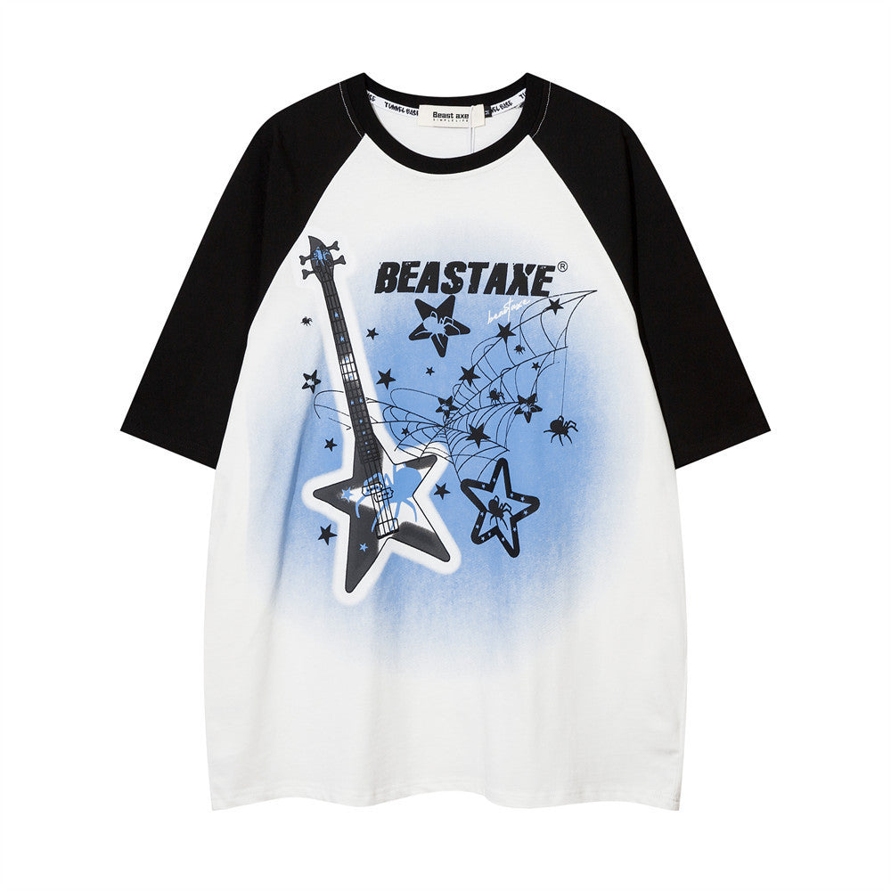 A short sleeve graphic t-shirt with a geometric pattern featuring stars and a guitar, predominantly white with black and apricot accents.