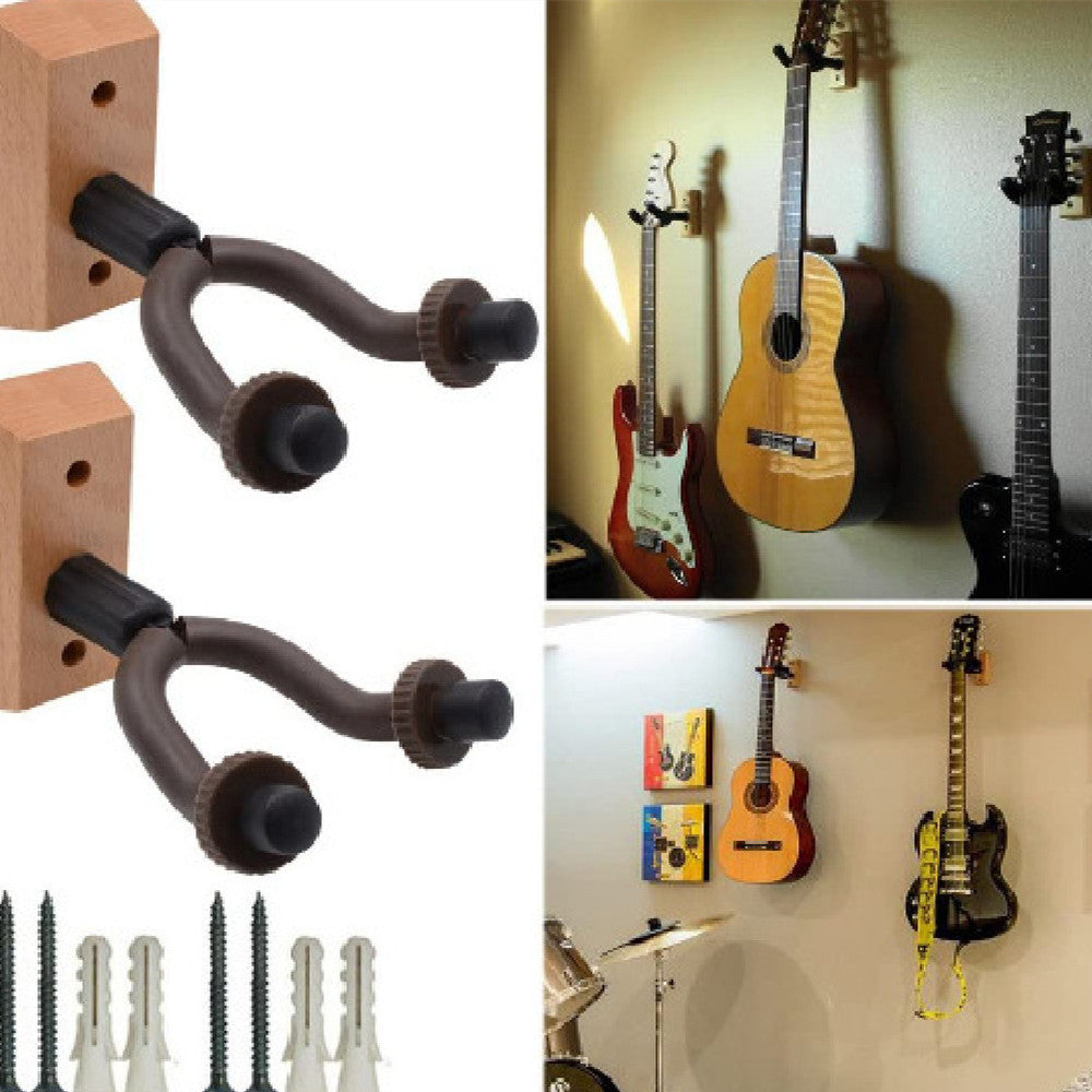 A collection of images showing a wood guitar wall mount in various colors holding different guitars. There are also screws included at the bottom.