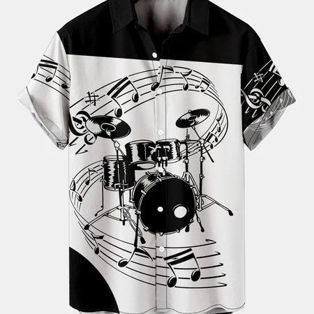 A short-sleeved men's shirt with a black and white floral pattern featuring musical drum sets and notes.