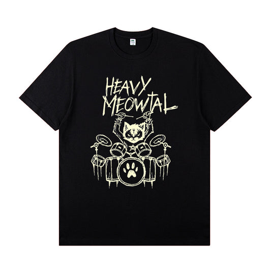 Black short-sleeved T-shirt with a graphic of a cat playing a drum set and the text 'HEAVY MEOWTAL'.