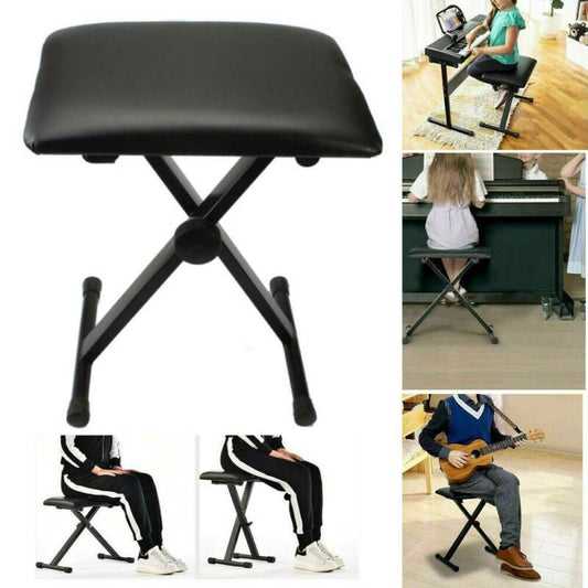 A collage of images showing a black, adjustable practicing stool with metal and leather materials. The stool is shown in various positions and being used by different people, including children, indicating its versatility and intended use for music practice.