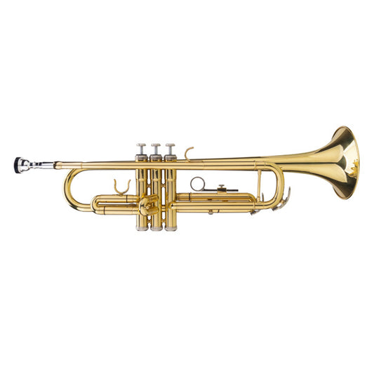 A brass B-flat trumpet with a golden body and silver mouthpiece, displayed alongside a pair of gloves for scale.
