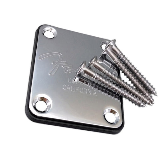 A stainless steel guitar neck joint plate with the Fender logo, accompanied by three mounting screws.