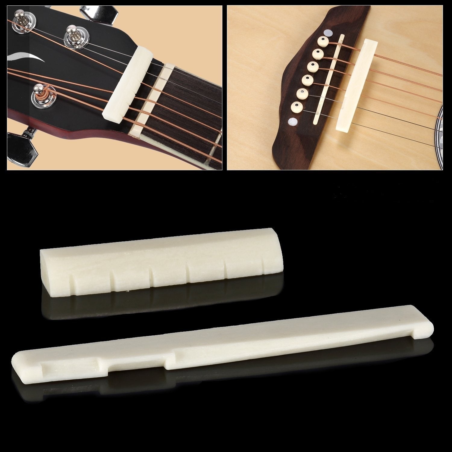 Guitar neck and fretboard components on a black background