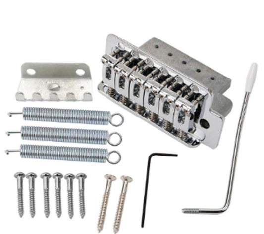 Electric guitar single rock bridge and tremolo system with zinc alloy construction, including springs, screws, and an adjustment tool.