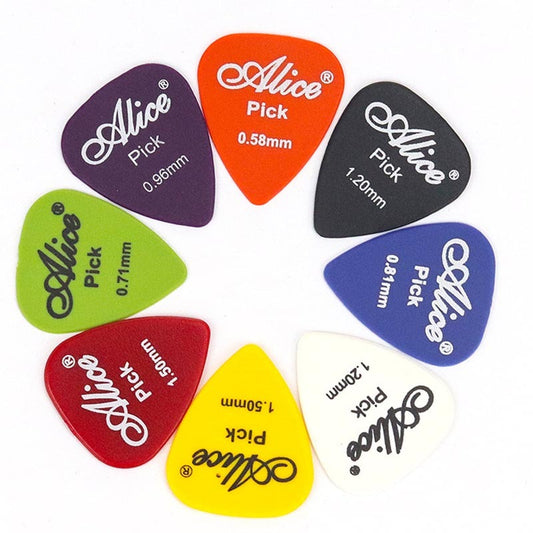 A selection of colorful guitar picks with the brand 'Alice' printed on them, displayed on a white background.