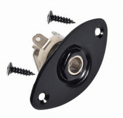 A black electric guitar accessory with a silver jack, input and output sockets, and mounting screws.