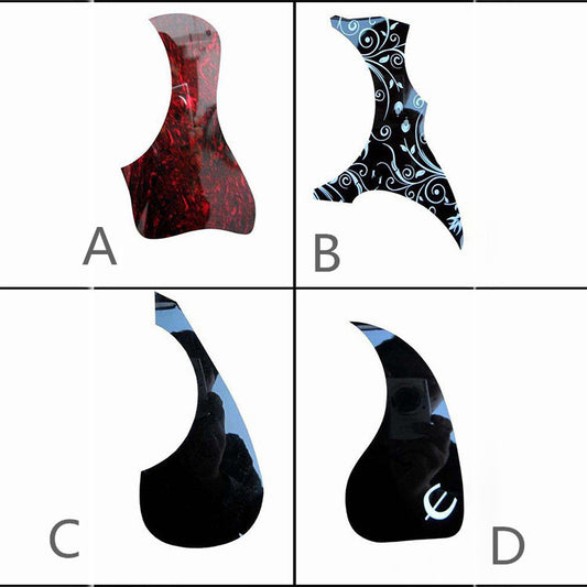 A set of four different styles of stick-on pick guards for guitars. Each pick guard has a unique design and color, labeled A, B, C, D.