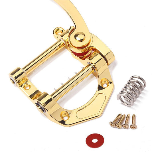 An electric guitar bridge pull string tremolo system with small rocker, displayed in gold, silver, and black colors, including a crank, springs, screws, and a rubber bushing.