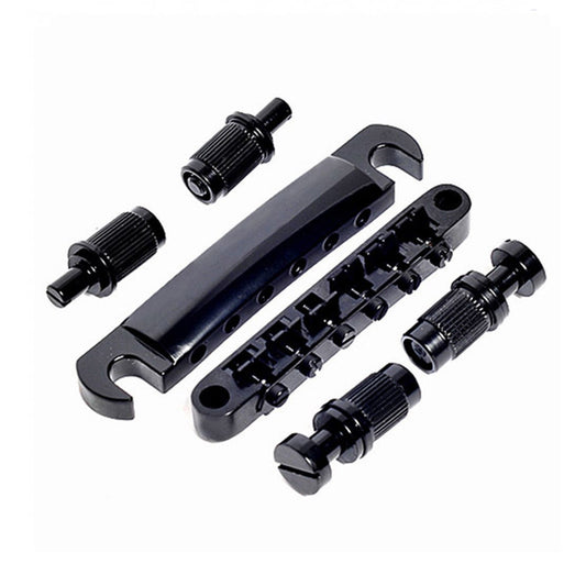 Set of black mechanical components of guitar on a white background