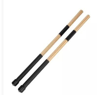 A pair of wooden jazz drum brushes with black handles.