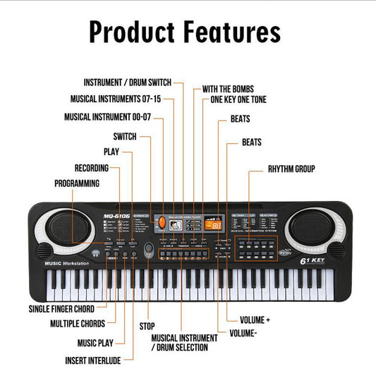 Children's electronic organ with microphone piano featuring various buttons, knobs, and a keyboard, designed for musical education and play.