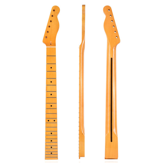 Electric guitar neck with maple fingerboard, bright yellow in color, displayed in three different views.