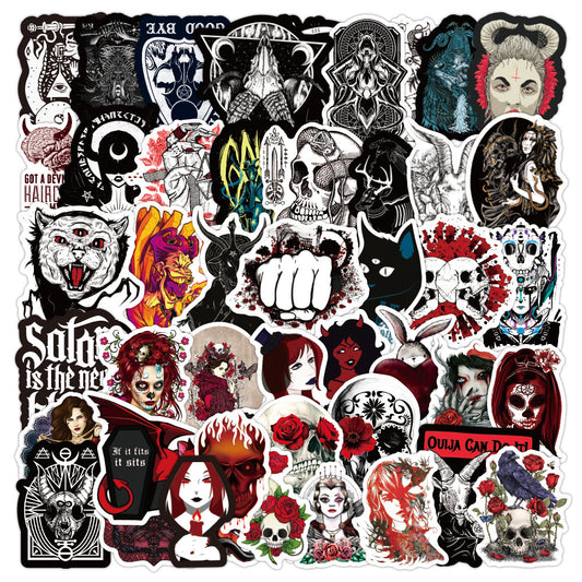 A collection of various gothic-themed stickers depicting skulls, guitars, and other related imagery.