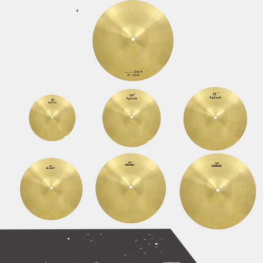 A set of brass cymbals in varying sizes arranged in a pattern on a dark background.