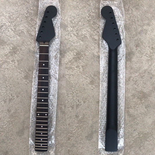 An electric guitar neck with rosewood fingerboard, displayed from two angles showing the front and the back, with inlay points on the side and 10mm machine nail holes.