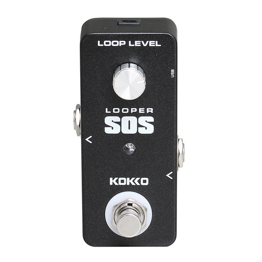A black guitar effects pedal with the label 'LOOPER SOS' and the brand 'KOKKO' written on it. It has a stomp switch, a knob for loop level adjustment, and is designed in a rectangular shape with rounded corners.