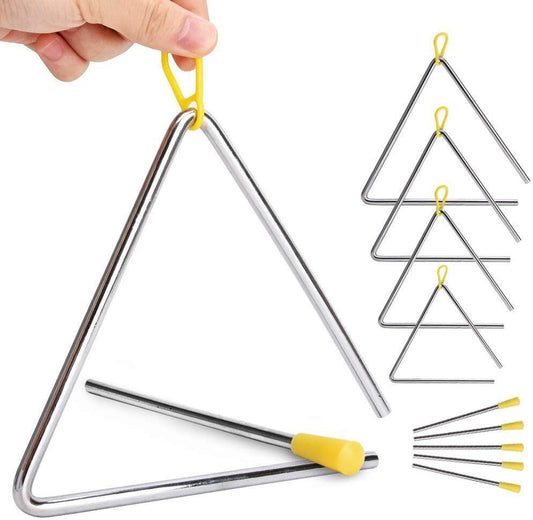 A set of three metal triangles of different sizes with a side length of 10 cm, 12.5 cm, and 15 cm, respectively, each with a yellow loop on top for holding or hanging.
