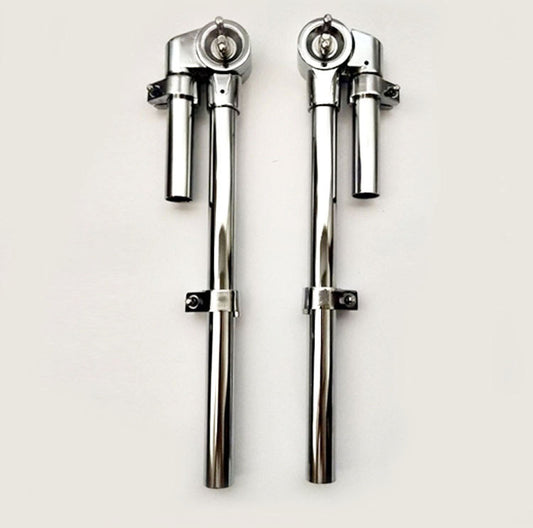 Two metal drum kit stands with water pipe suspension, isolated on a white background.