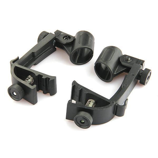Two black drum microphone mounting clips with adjustable parts and screws for securing microphones to drums.