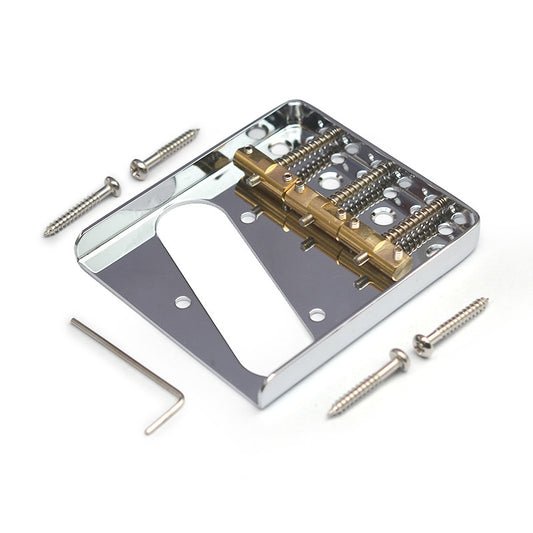 A silver-colored electric guitar fixed ponticello with brass string codes, including screws for installation.
