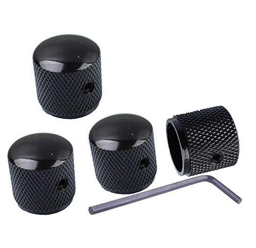 A set of four black electric guitar volume knobs with a perforated iron knob style, accompanied by an Allen key.