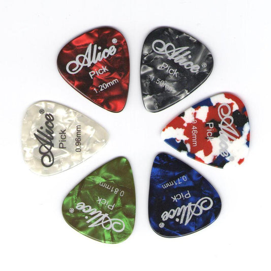 A collection of Alice brand guitar picks in various colors and thicknesses, featuring the brand name and pick number printed on them.
