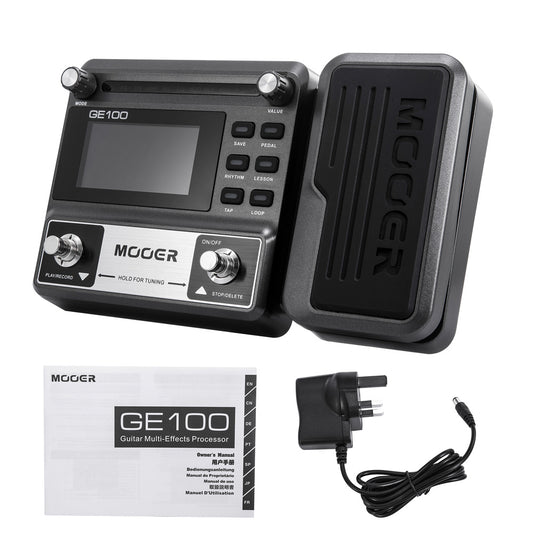 GE100 Guitar Effects Pedal set including the pedal unit with various control knobs and buttons, a expression pedal, a power adapter, and a user manual.