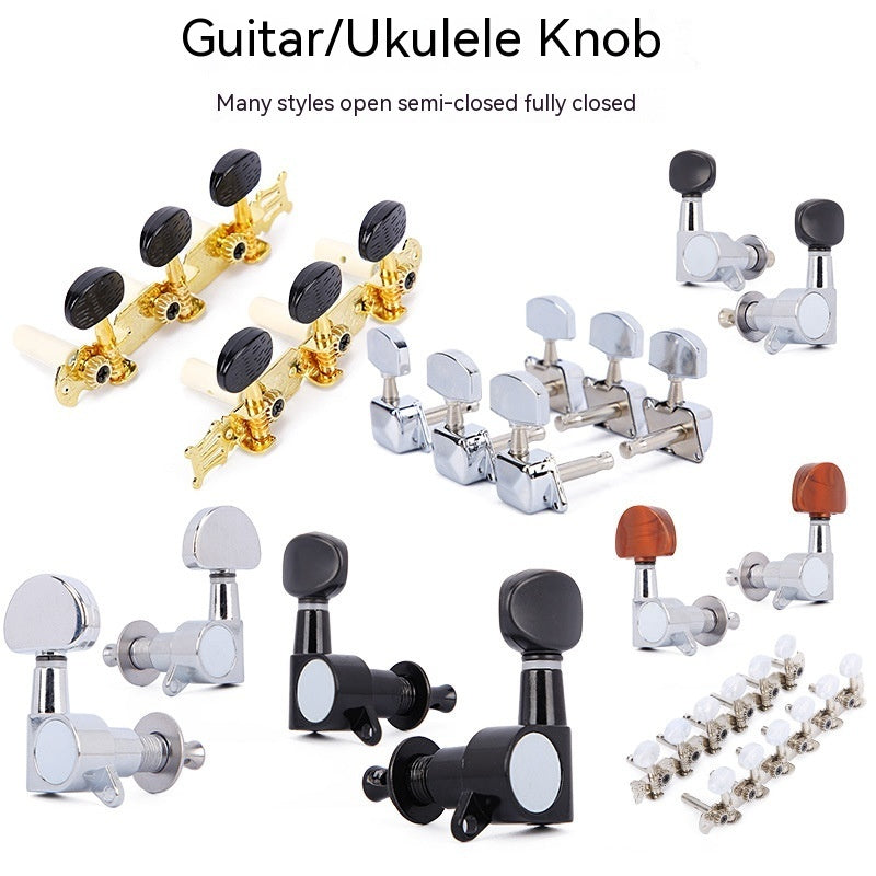 Collection of guitar and ukulele knobs in various styles on a white background