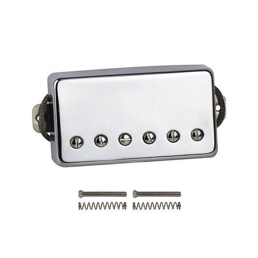 An electric guitar pickup with double magnet coil, metallic finish, including mounting screws and springs.