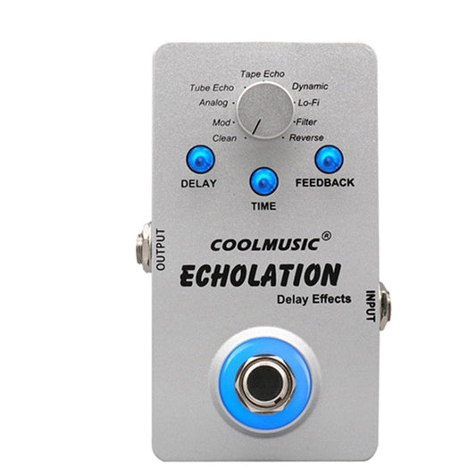 An electric guitar pedal with a full aluminum alloy shell, featuring knobs for delay, time, and feedback, and a blue footswitch. The pedal is labeled 'ECHOLATION Delay Effects' and the brand 'COOLMUSIC' is visible.