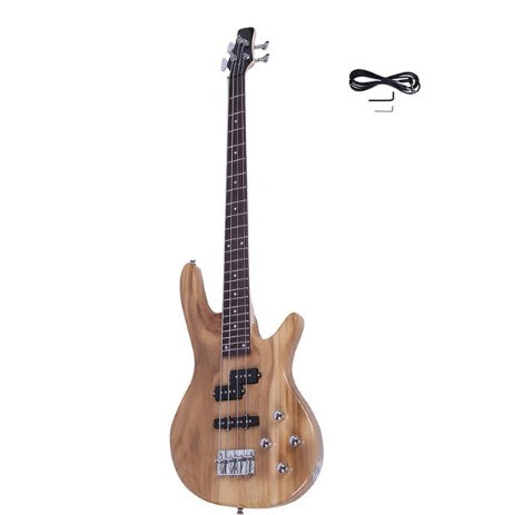 An electric bass guitar with a natural wood finish, featuring a maple neck and rosewood fretboard, alongside an amp cable and adjustment wrench tool.